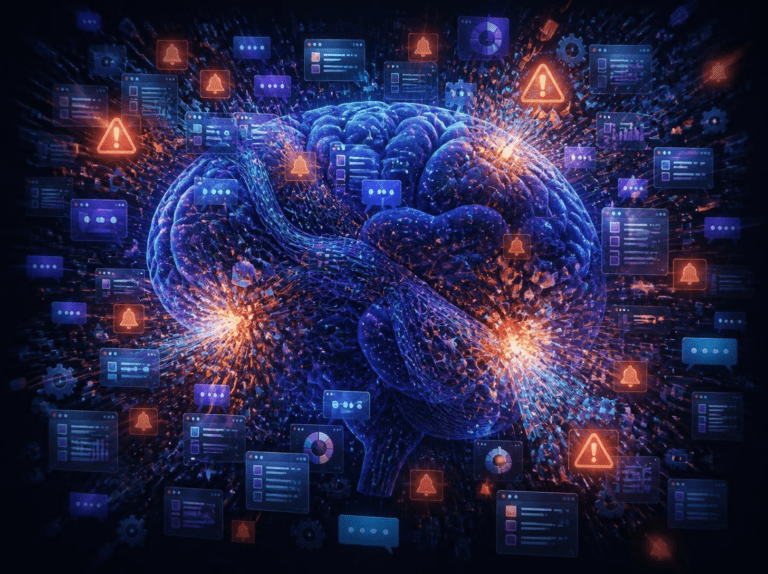 Mental Load durch KI und digitale Überforderung – Gehirn umgeben von Benachrichtigungen und digitalen Reizen